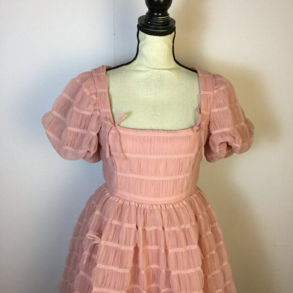 Lulus Utterly Adored Mini Dress Sz S Womans Pink Tulle Textured Puff Sleeve Bow - Picture 4 of 14